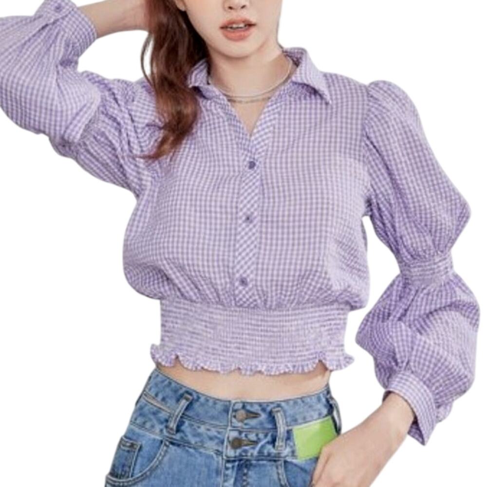 Seersucker Gingham Crop Top Purple White Check 12 Ruched Stretch Whimsy Dainty